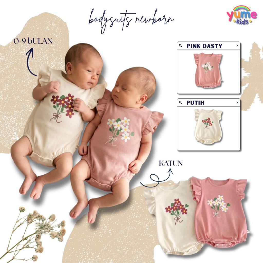 Bodysuit Newborn Yume Kids Katun Motif Bunga 0-9 Bulan Pink Dasty Putih Turkish
