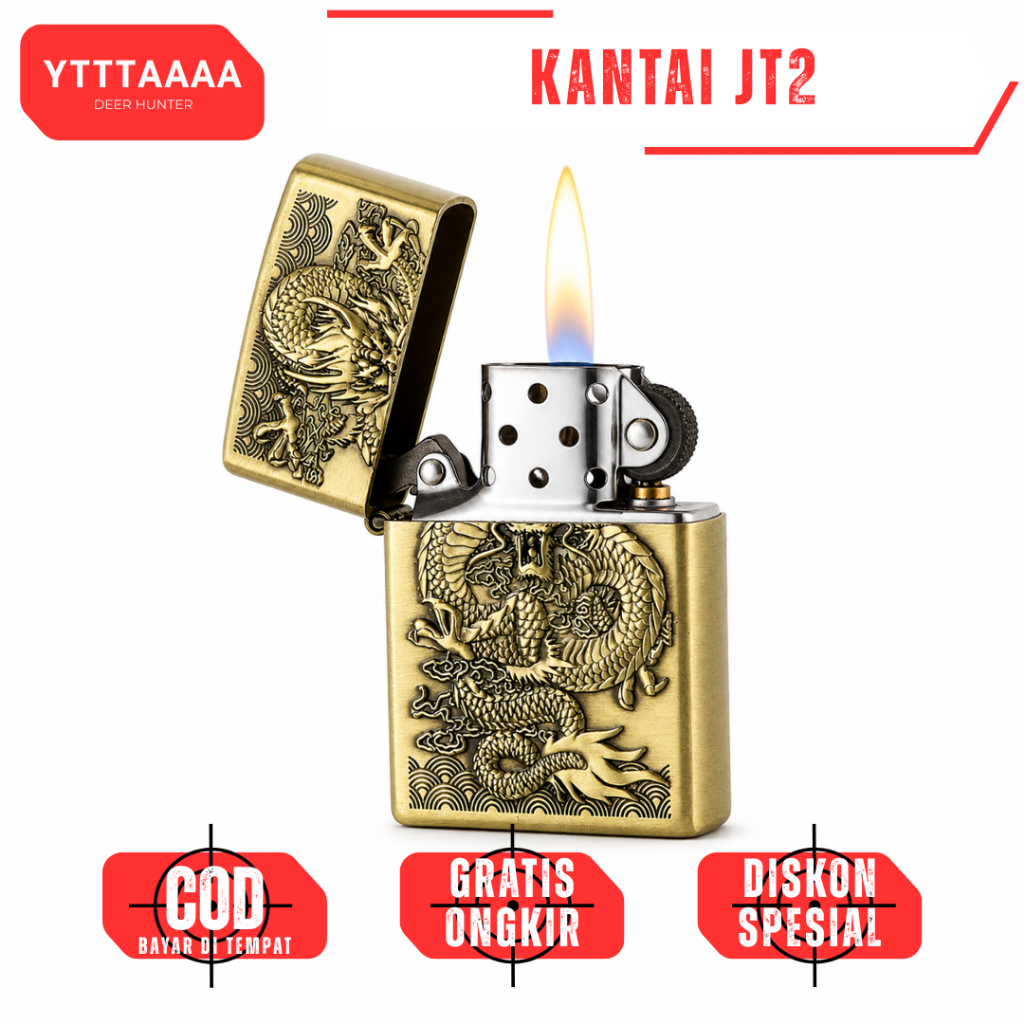 Korek Api Minyak Sumbu Dragon Naga 3D Kuningan Kantai JT2 - Korek Vintage Klasik Model Zippo - Brass