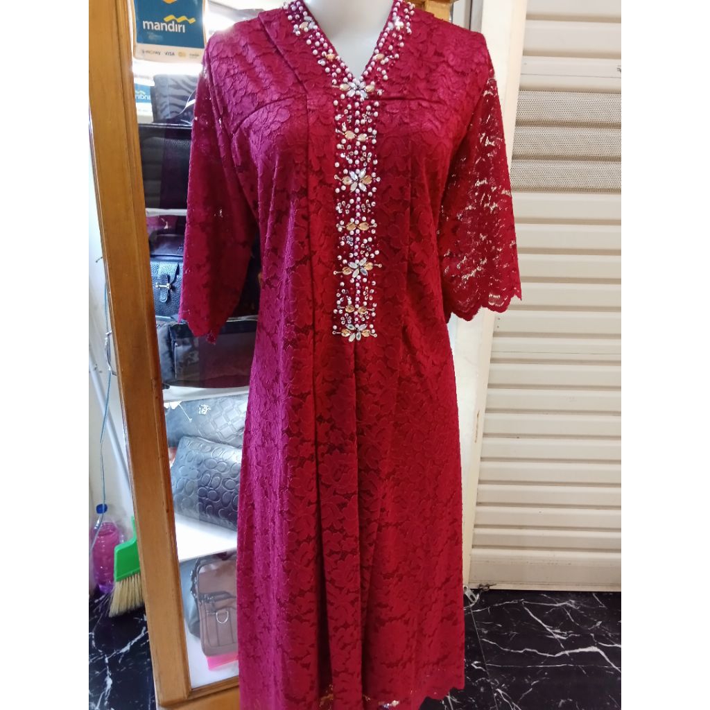 (new) midi dress baju gaun full brokat halus mix Payet warna ungu putih maroon size XL LD 100 panjan