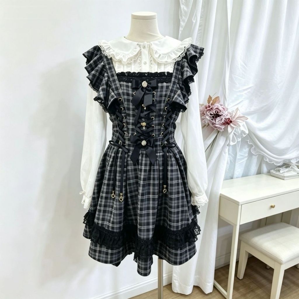 Dress Himekaji Plaid Ribbon Lace | Inspired Liz Lisa JSK Korea Japanese Girly Dress Premium dres wan