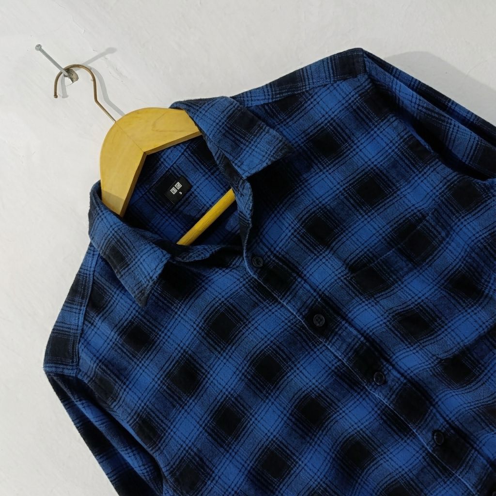 [Flannel Uniqlo] Kemeja Flanel Veterano Long Sleeve Shirt Biru Hitam Size S (Fit to M)