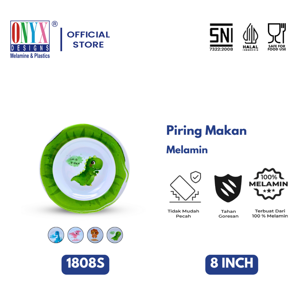 Onyx Seiv, Piring Makan Cekung 8 inch: Melamin, Aman untuk Makanan, Halal, 1808S Karakter Anak Dino