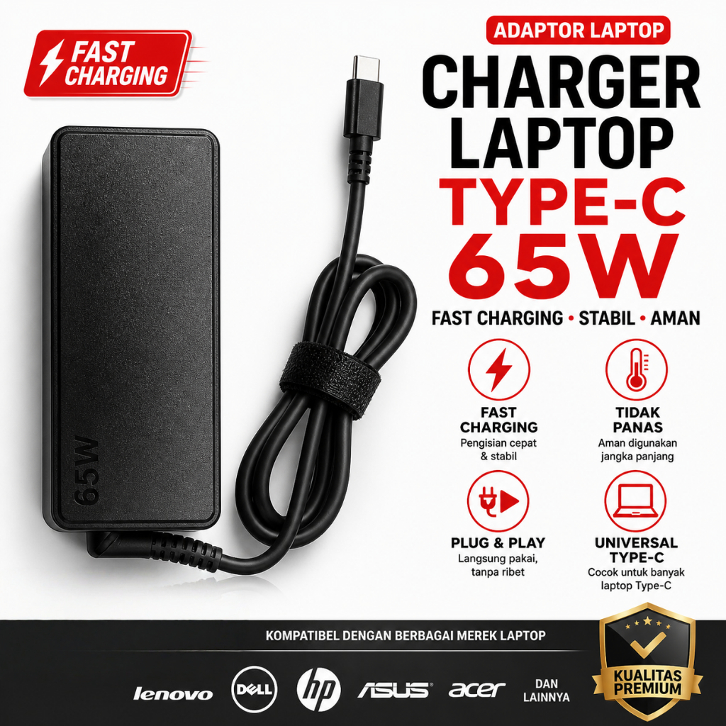 Charger Laptop Type C 65W Fast Charging Universal Adaptor Cas USB-C Lenovo Dell HP