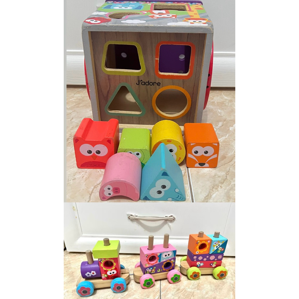 J'adore wooden toys/ mainan kayu anak/ mainan shorter anak/ mainan balok susun preloved