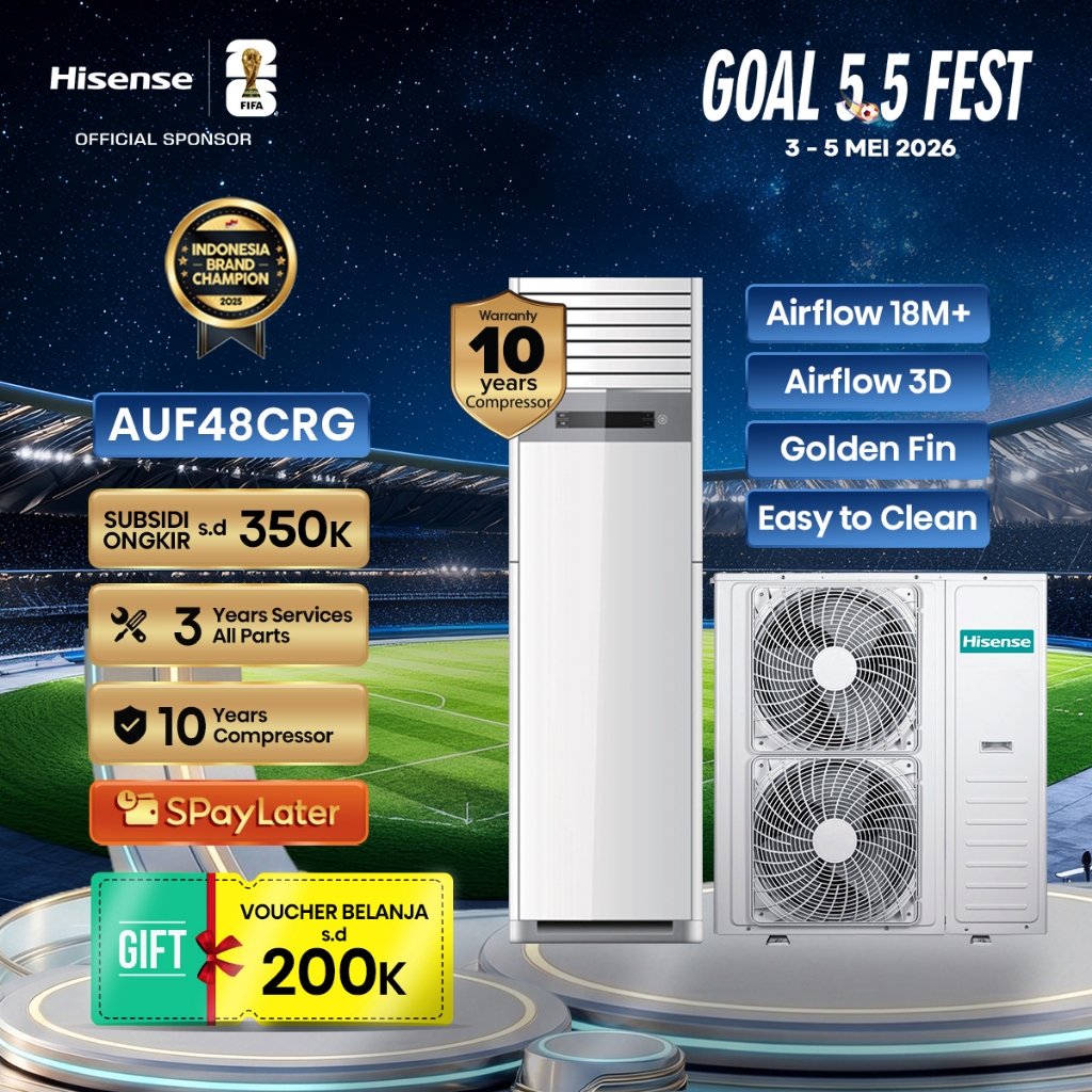 Hisense AC AUF48CRG Inverter 5 PK Floor Standing Air Flow Jarak Hingga 18M Lebih Pendinginan 4D Ruan