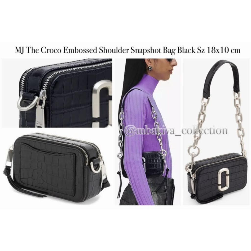 The Croco Embossed Shoulder Snapshot Bag Black
