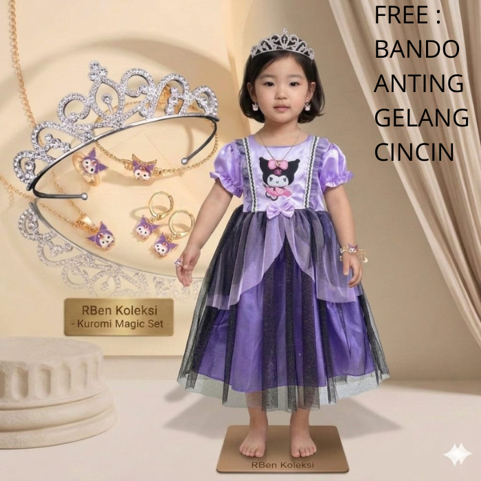 DRESS KUROMI ANAK PEREMPUAN USIA 3-10 TAHUN - GAUN ULTAH ANAK IMPORT KOREAN STYLE MOTIF KARAKTER TER