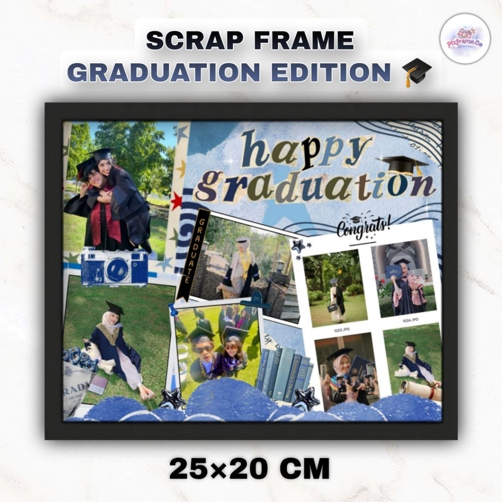 SCRAP FRAME- HAPPY GRADUATION 10R (25×20 CM)! Foto Bingkai Gift Birthday, Wisuda, Hadiah, Anniv, Dll