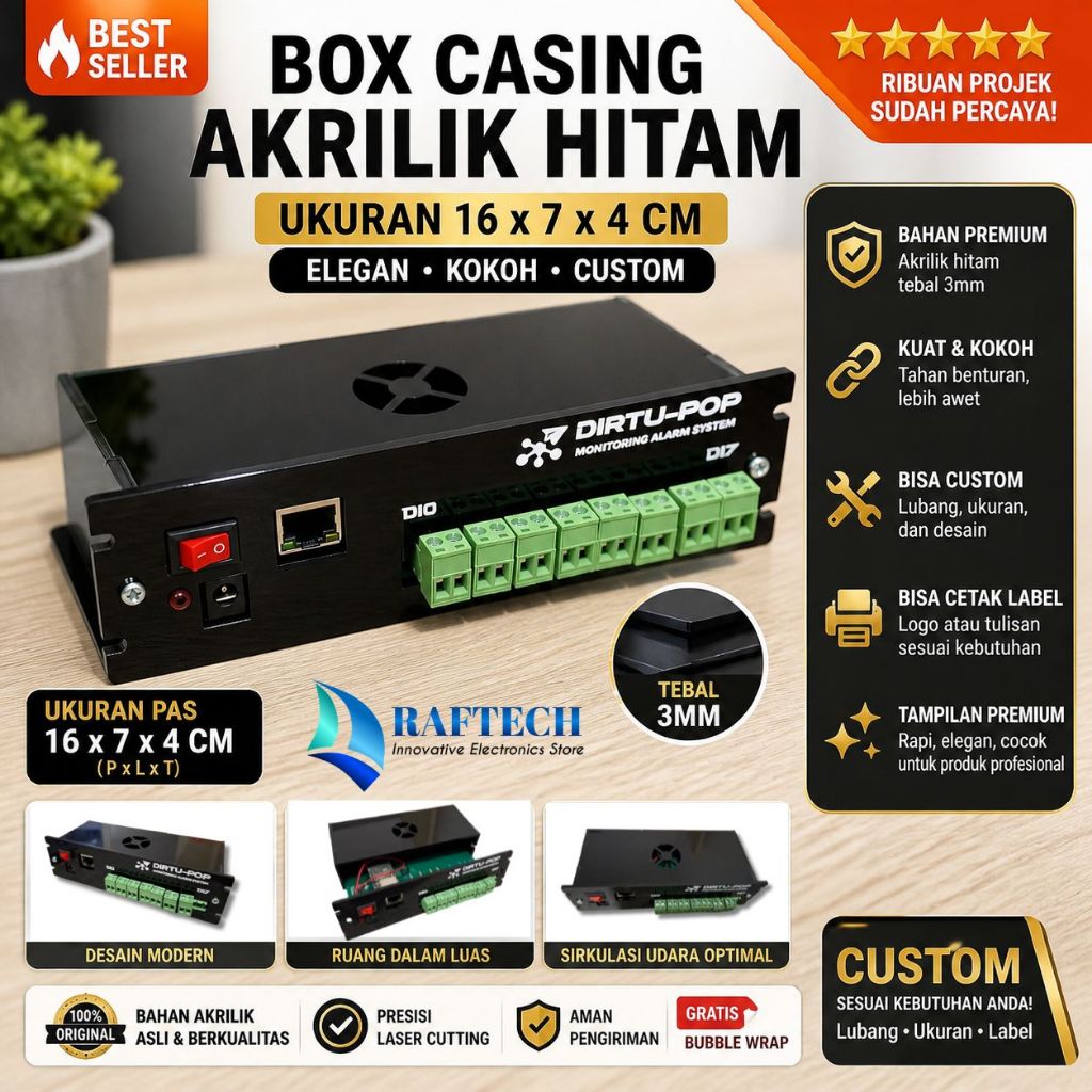 RAFTECH Box Casing Elektronik Akrilik Hitam 16x7x4 cm | Tebal 3mm Kokoh | Custom Lubang & Label | Pr
