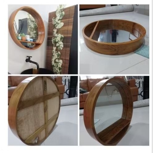 cermin kayu jati dengan ambalan Preloved