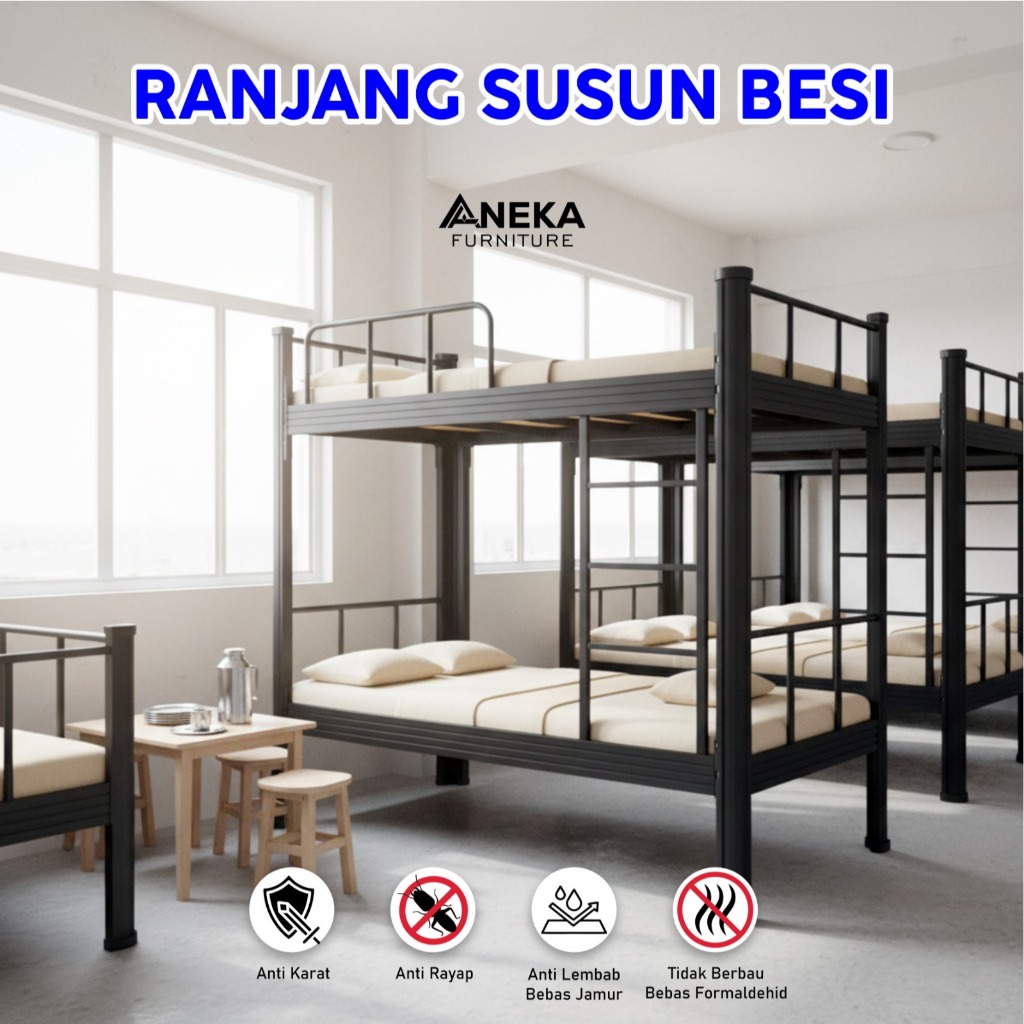 Ranjang Susun Besi Kokoh - Dipan Kasur Tingkat Minimalis Untuk Kamar Anak Kost - ANEKA FURNITURE