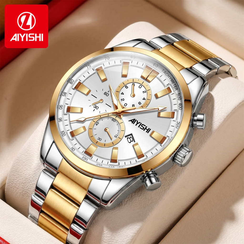 Jam Tangan Pria AIYISHI - Chronograph Emas Perak, Tahan Air, Stainless Steel Original untuk Pekerja 