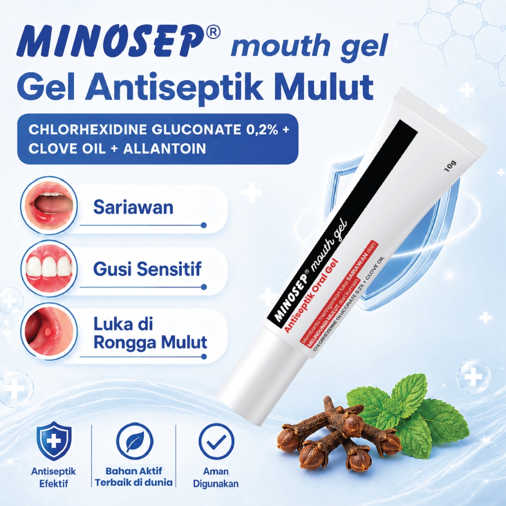 Minosep Mouth Gel Antiseptik Oral Gel untuk Obat Sariawan, Gusi Sensitif, Salep Luka Mulut Chlorhexi