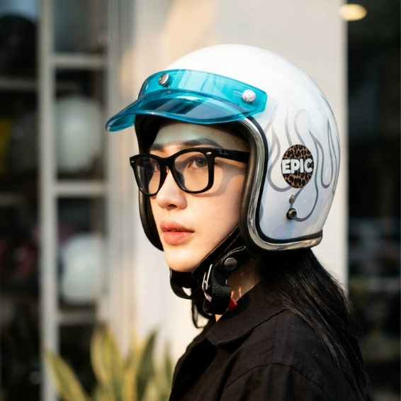 Epic Veil Slim Head EV-500 Open Face White Flame Pattern List Silver Helm Half Face SNI