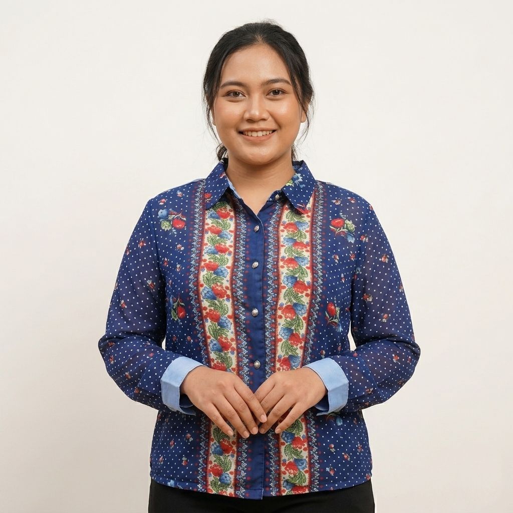 Blouse Biru Motif Bunga Kombinasi Polkadot / Kemeja Wanita Unik