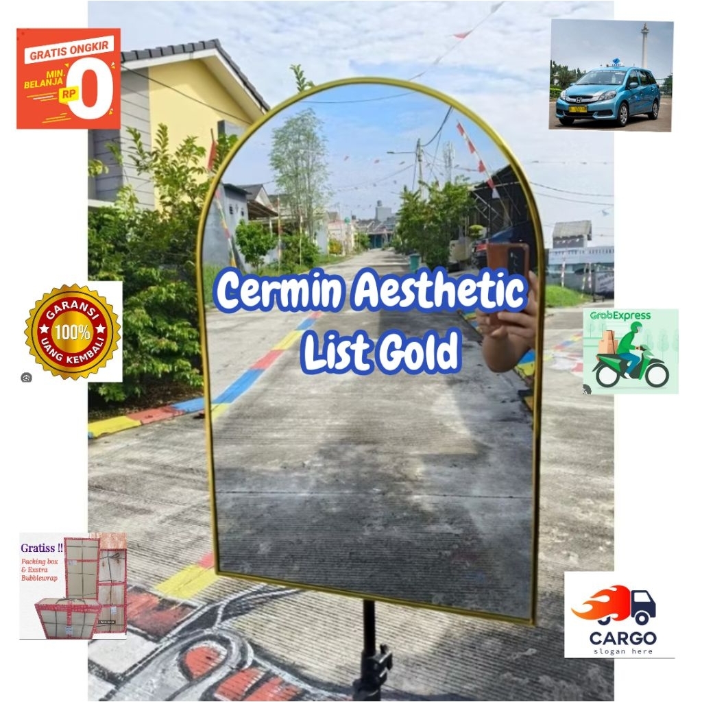 Cermin List Gold Kaca Aestetick Wastafel Dinding Watafel Rias Makeup Kamar mandi Ruang Tamu Tempel H