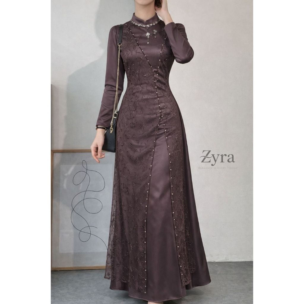 Aurora Dress Gamis Panjang Wanita Muslimah Brokat Satin Mix Premium