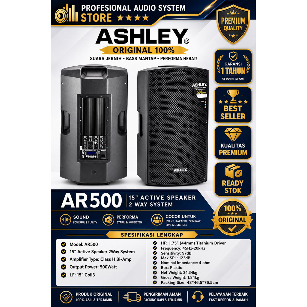 SPEAKER ACTIVE ASHLEY 15INCH 500WATT AR500 AR-500 AR 500 ORGINAL BERGARANSI RESMI ASHLEY