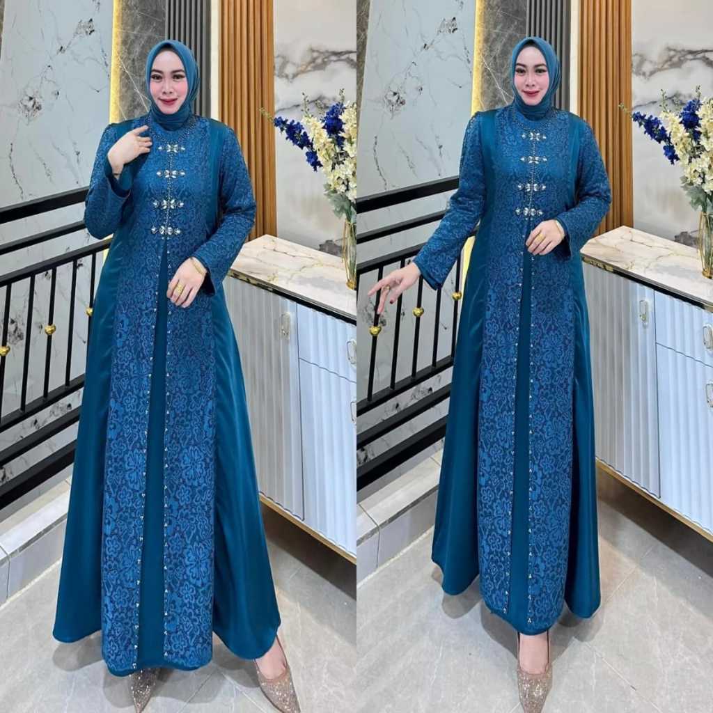 COD Baju Gamis Wanita Terbaru Brukat / Nazeera Dress Kondangan Mewah elegan Emerald Blue
