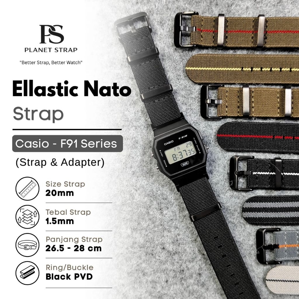 [ Strap + Adapter ] Tali Jam Tangan Nylon Elastic Nato Strap Casio F91 Series Black Buckle