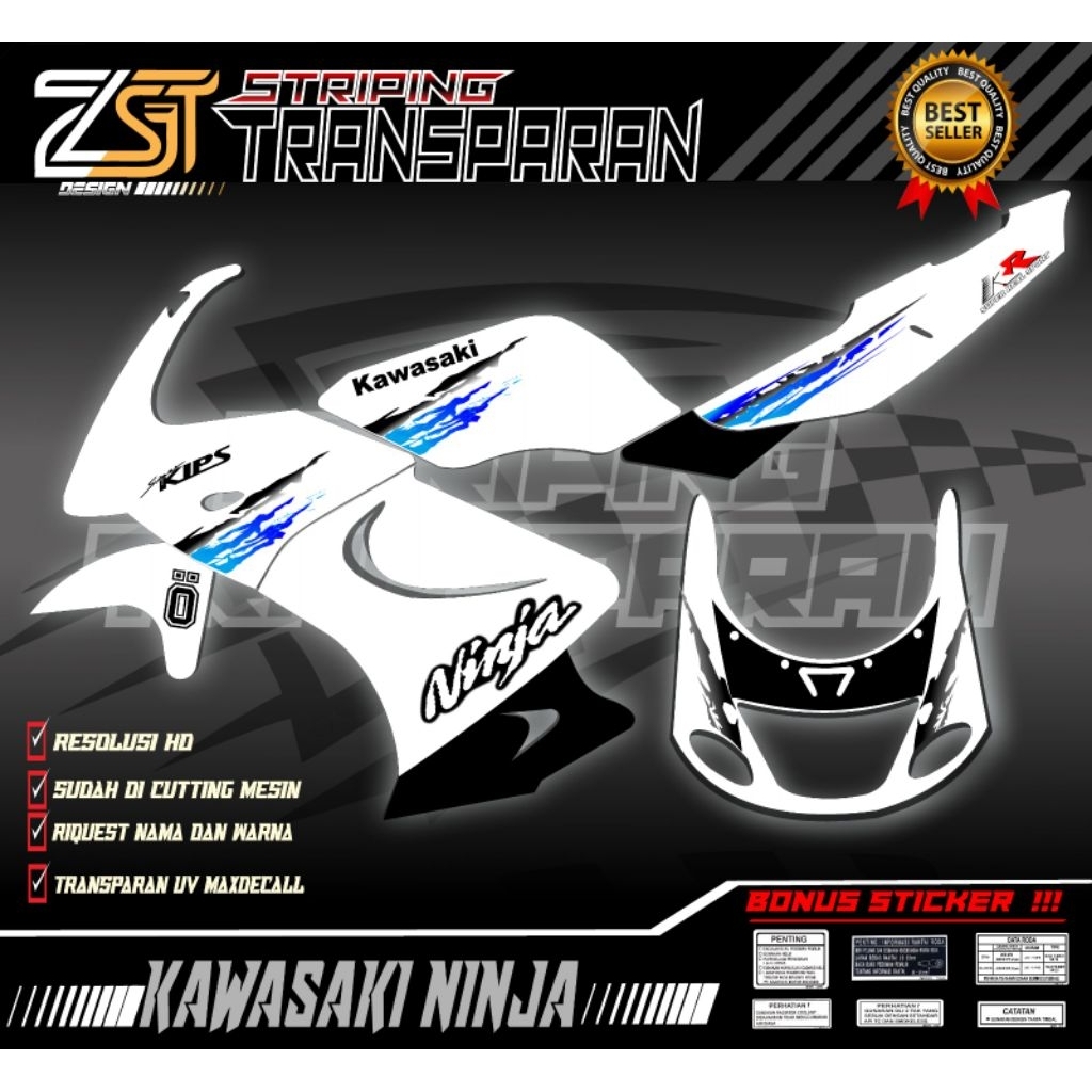 striping ninja RR old body putih bahan transparan uv MAXDECAL ( bisa custom) awet anti luntur