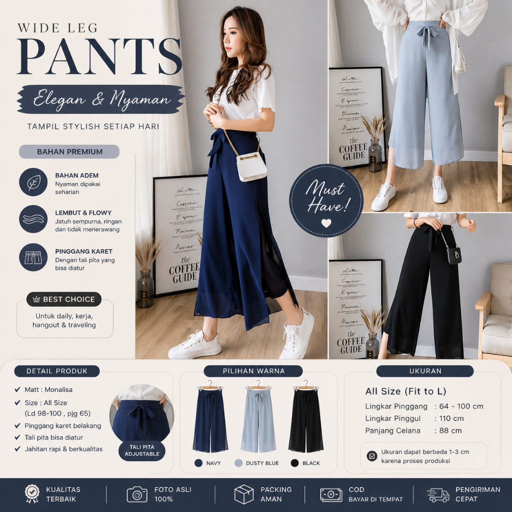 Celana Stice Pants Celana Panjang Wanita Korean Style Kulot Elegan All Size 2 layer