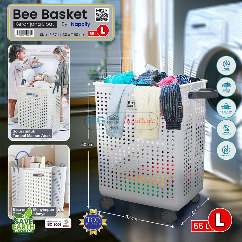 Keranjang Baju Lipat Bee Basket / Keranjang Cucian Dengan Roda / Laundry Basket
