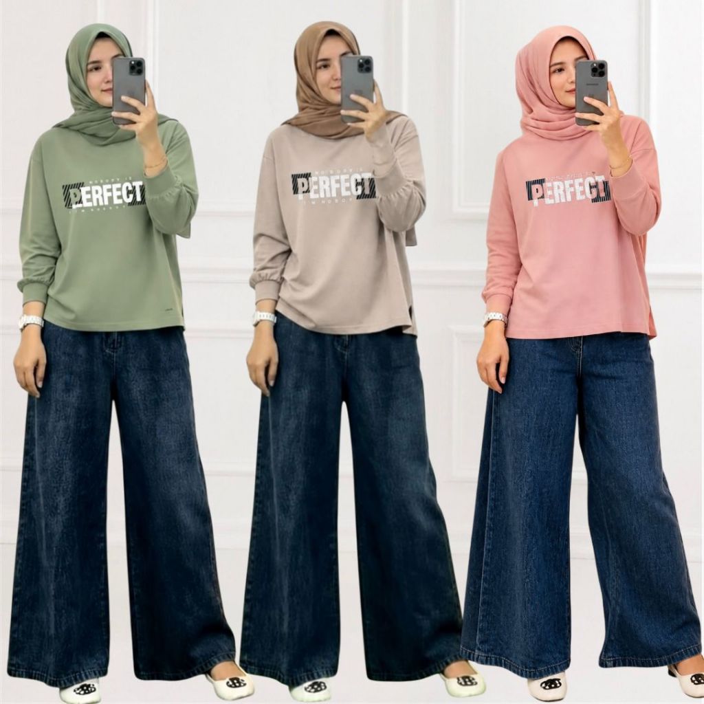 Setelan Wanita Jeans Motif Pojee Original | Baju Celana Wide Leg Cotton Combed 20Setelan Wanita Cott