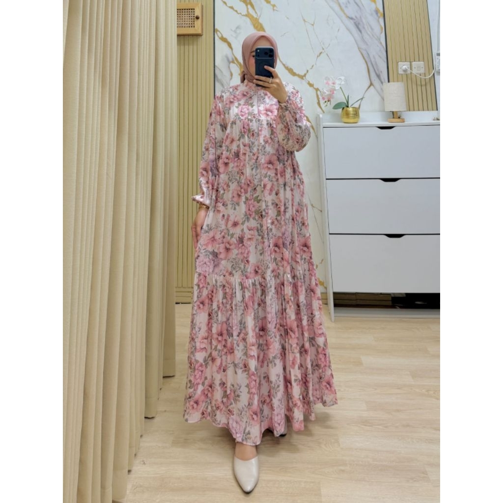 Viora Dress Gamis Muslim Lengan Balon Busui Bahan Rayon Diamond Premium