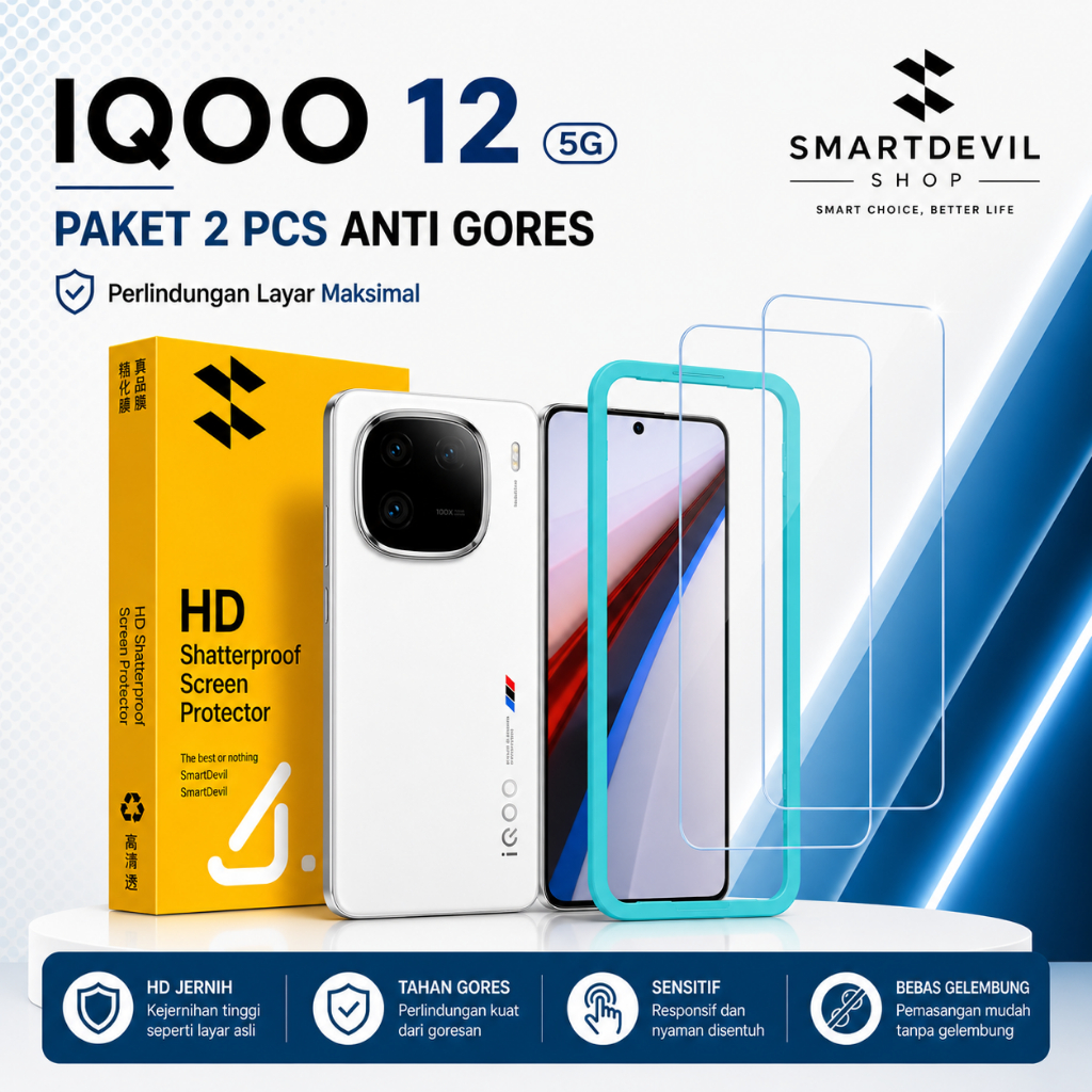 Tempered Glass IQOO 12 5G SmartDevil Pelindung Layar Paket 2 Pcs Anti Gores Dengan Alat bantu Pasang