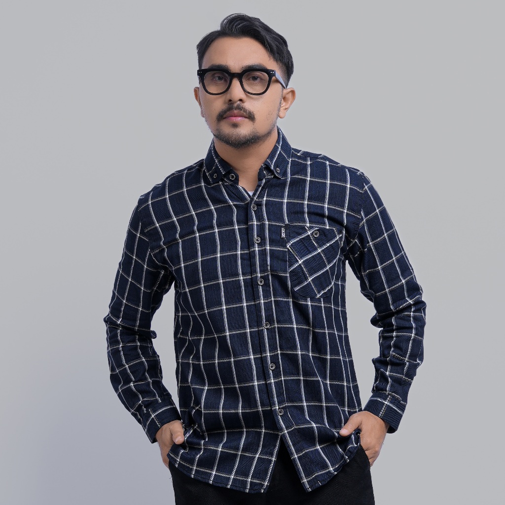 PAKAJI Kemeja Flanel Pria Lengan Panjang Merah Garis Putih Kemeja Pria Flanel Pria Kemeja Panjang 00