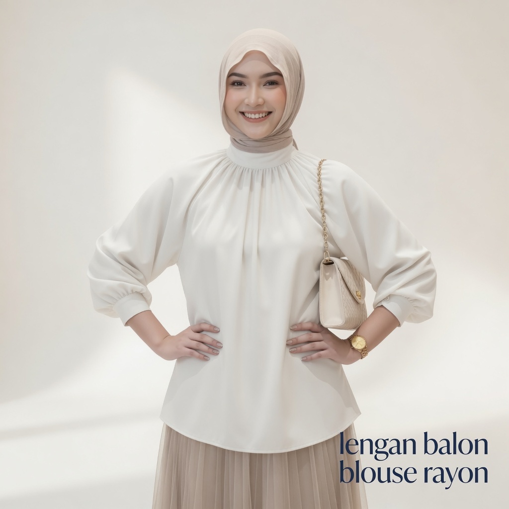 Blouse Putih Wanita Lengan Balon Oversize - Baju Wanita Kekinian Rayon Twill Adem All size