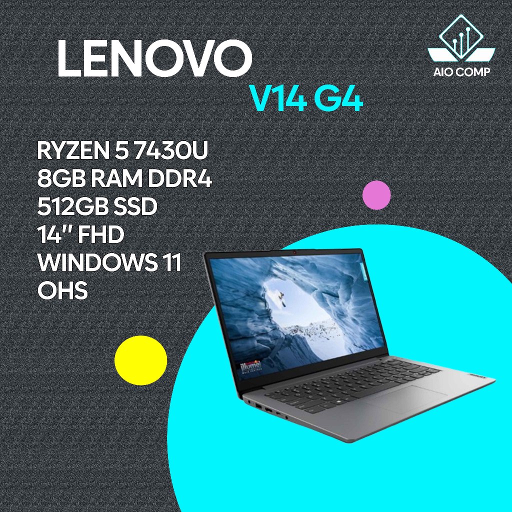 Lenovo V14 Gen 4 AMD Ryzen 5 7430U 8GB 512SSD Windows 11 Office 14 Inch IPS FHD Radeon 7430 ABP 5BID