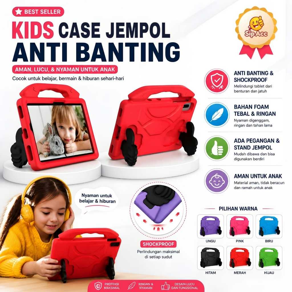 iPad A16 ( Gen 11 ) 2025 Case Ipad Anak Casing Silikon Stand Jempol Kids Lucu Tahan Banting