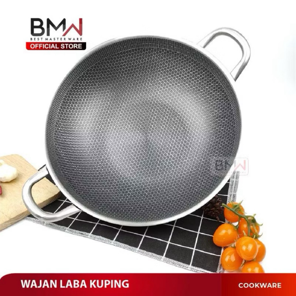 WAJAN WOK BMW STAINLESS STEEL HONEYCOMB ANTI LENGKET 34CM & 36CM KUPING LABA