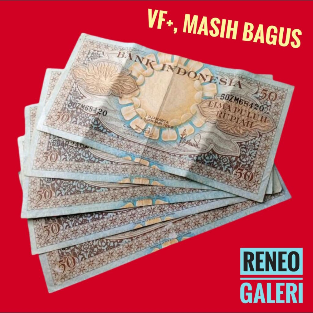 VF+ Asli 50 Rupiah Seri Bunga tahun 1959 Rp burung unggas uang kertas kuno duit jadul lawas lama Ant