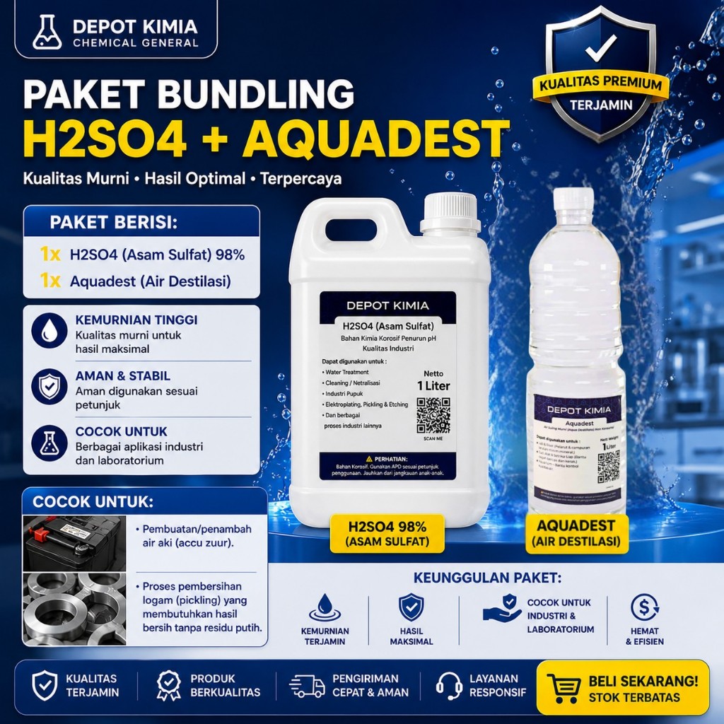 [BUNDLING HEMAT] H2SO4 Teknis + Aquadest Murni 1KG - Pelarut Kimia & Air Aki Berkualitas (Asam Sulfa