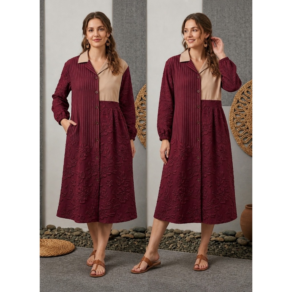 Baju atasan wanita model kekinian terbaru Tunik bahan Emboss Motif Bunga 3D Kombinasi Rayon Twill & 