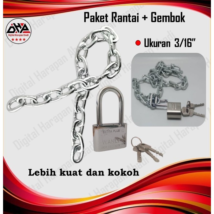DHA Gembok Rantai Besi 1 Meter / Gembok Rante Rumah Pagar Motor Sepeda / Kunci Rantai 3/16 Gembok 40