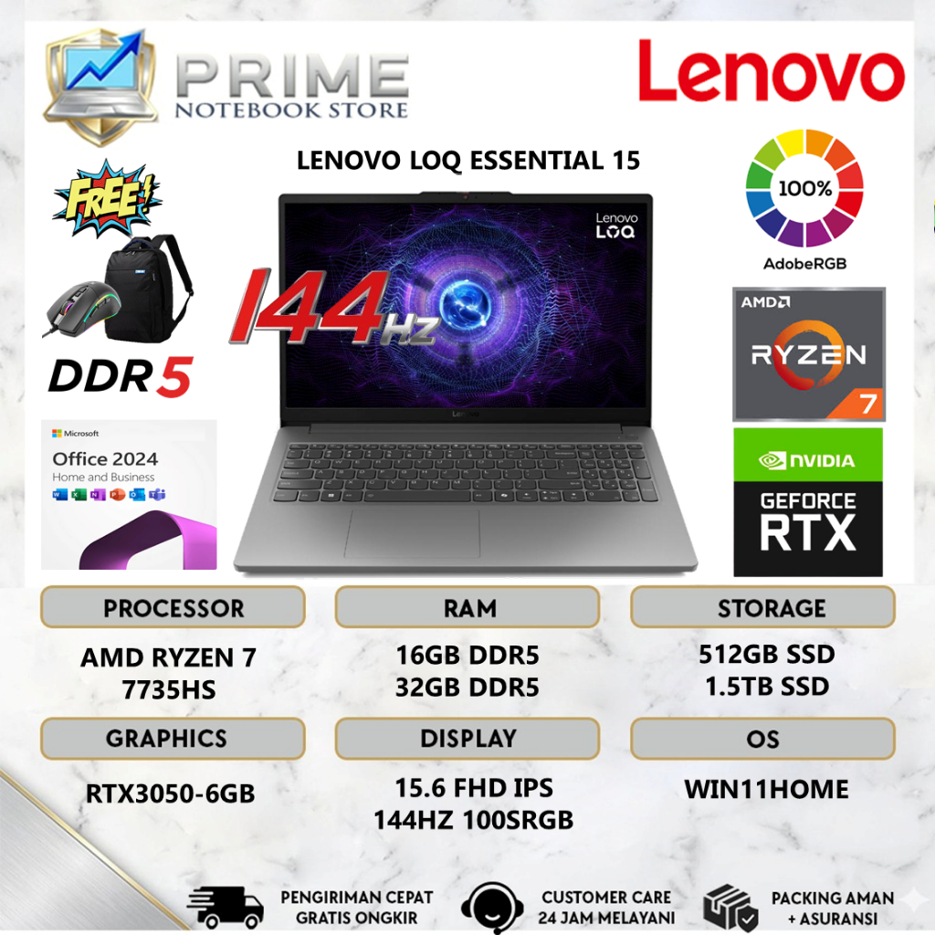 LENOVO LOQ ESSENTIAL 15ARP10E GeForce RTX™ 4050 6GB RYZEN 7 7735HS 32GB 1TB WIN11+OHS 15.6 FHD 144HZ