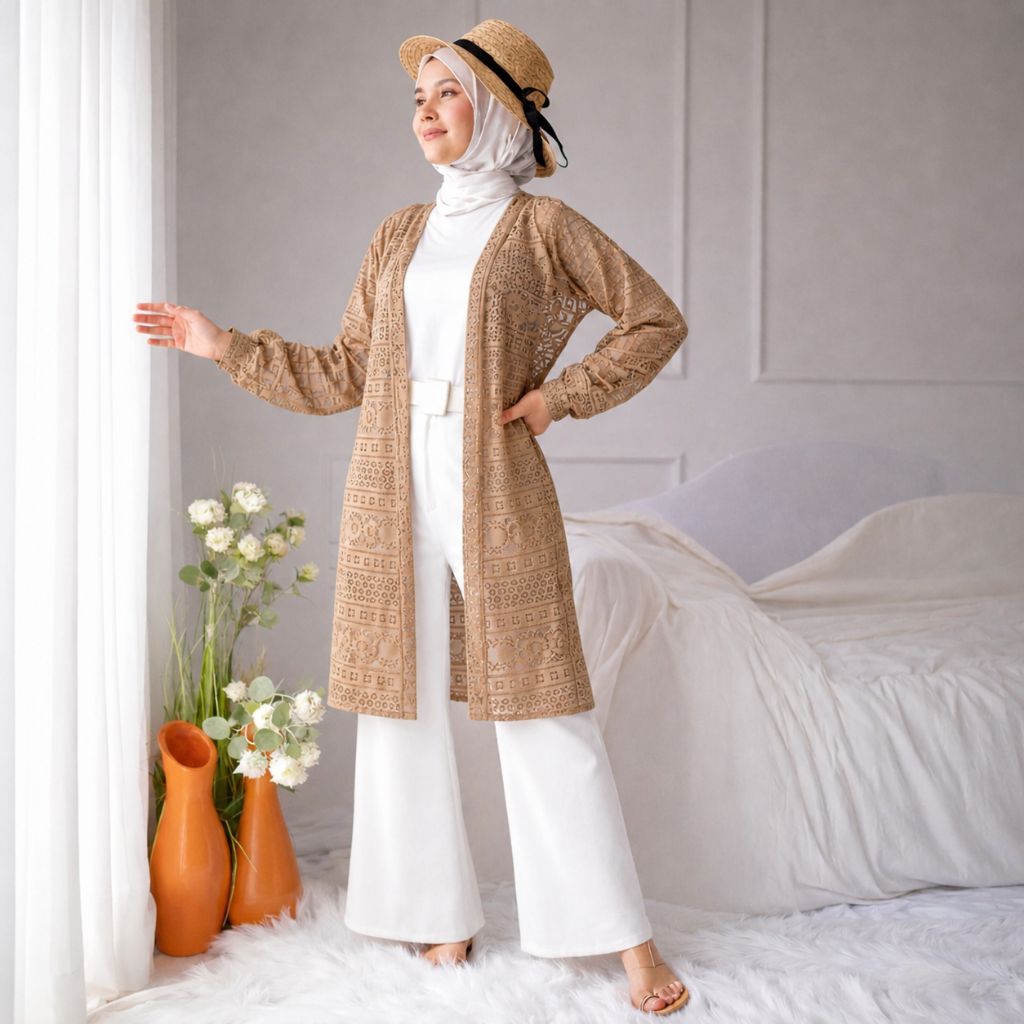 Cardigan Brokat Panjang Lengan Balon Outer Kondangan Wanita Kekinian Bahan Brokat Premium