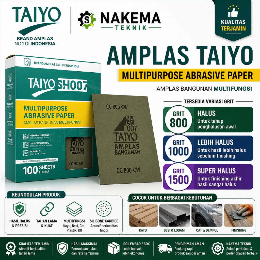 Amplas Taiyo Multipurpose 800 1000 1500 | Kertas Amplas Halus Kayu Besi Cat Mobil | Lembaran | Tahan
