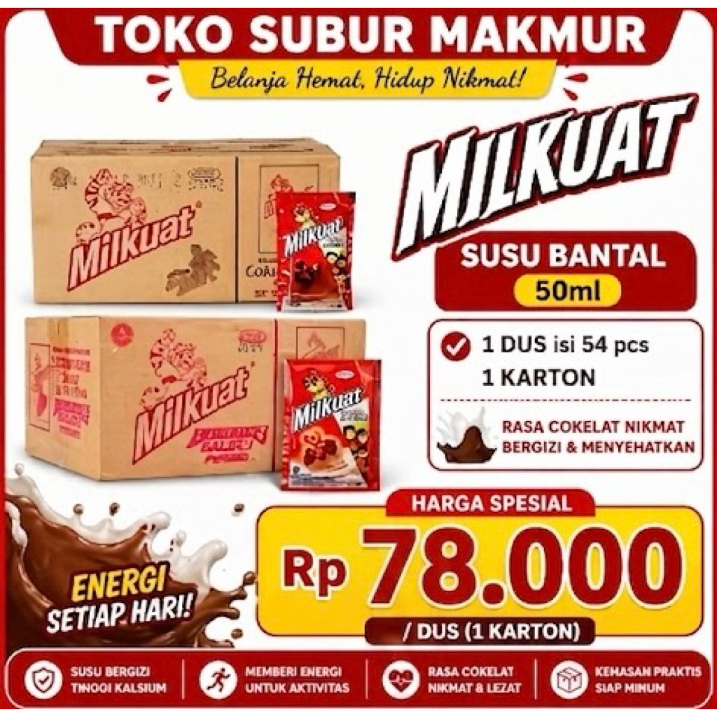 Susu Milkuat Bantal Pouch Coklat 50ml - 54 Pcs, Praktis untuk Camilan