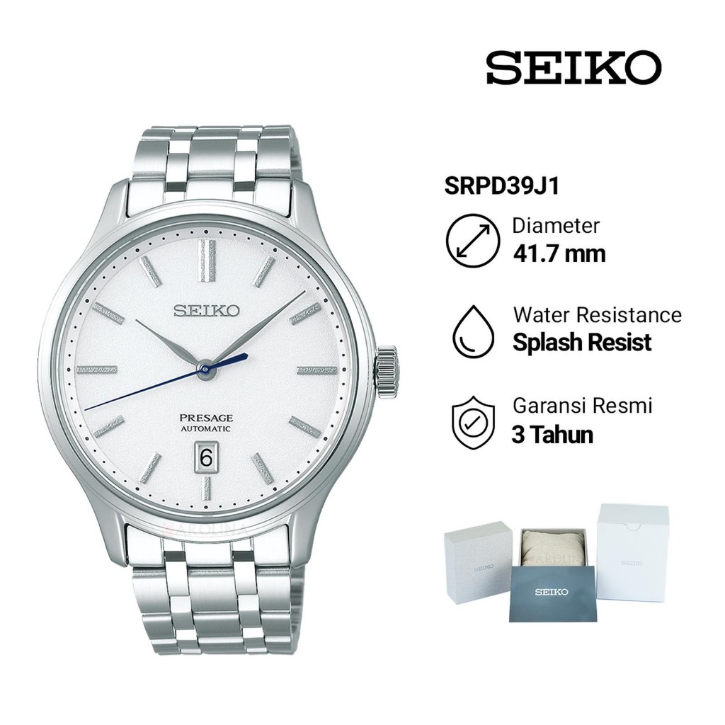 Jam Tangan Pria Analog  Seiko Presage SRPD39J1 Japanese Garden Automatic White Dial Stainless Steel 