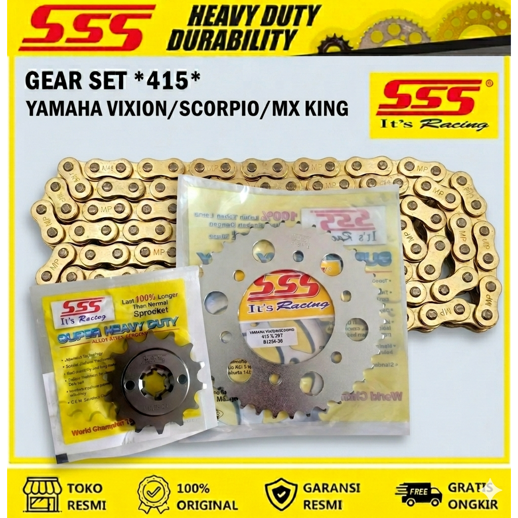 Paket Gear Set SSS & Rantai Gold 415 Yamaha Vixion Scorpio - Original