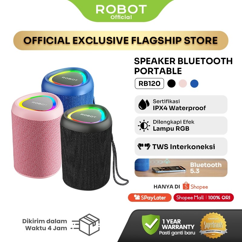 ROBOT Speaker Bluetooth Portable RB120 Ultra Bass Tahan 8 Jam Pemutaran IPX4 Waterproof RGB Light Suara Kencang Jernih Garansi Resmi