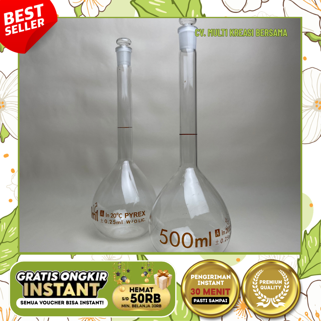 LABU UKUR PYREX 500 ML, VOLUMETRIC FLASK 500 ML, KACA BOROSILIKAT TAHAN PANAS, LABORATORIUM