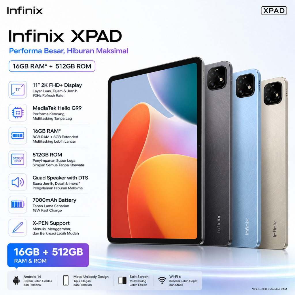 [Ready Stock] INFINIX XPAD | IPS 11 inci 90Hz | Helio G88 | 12GB+512GB | Baterai 7000mAh | Pengisian