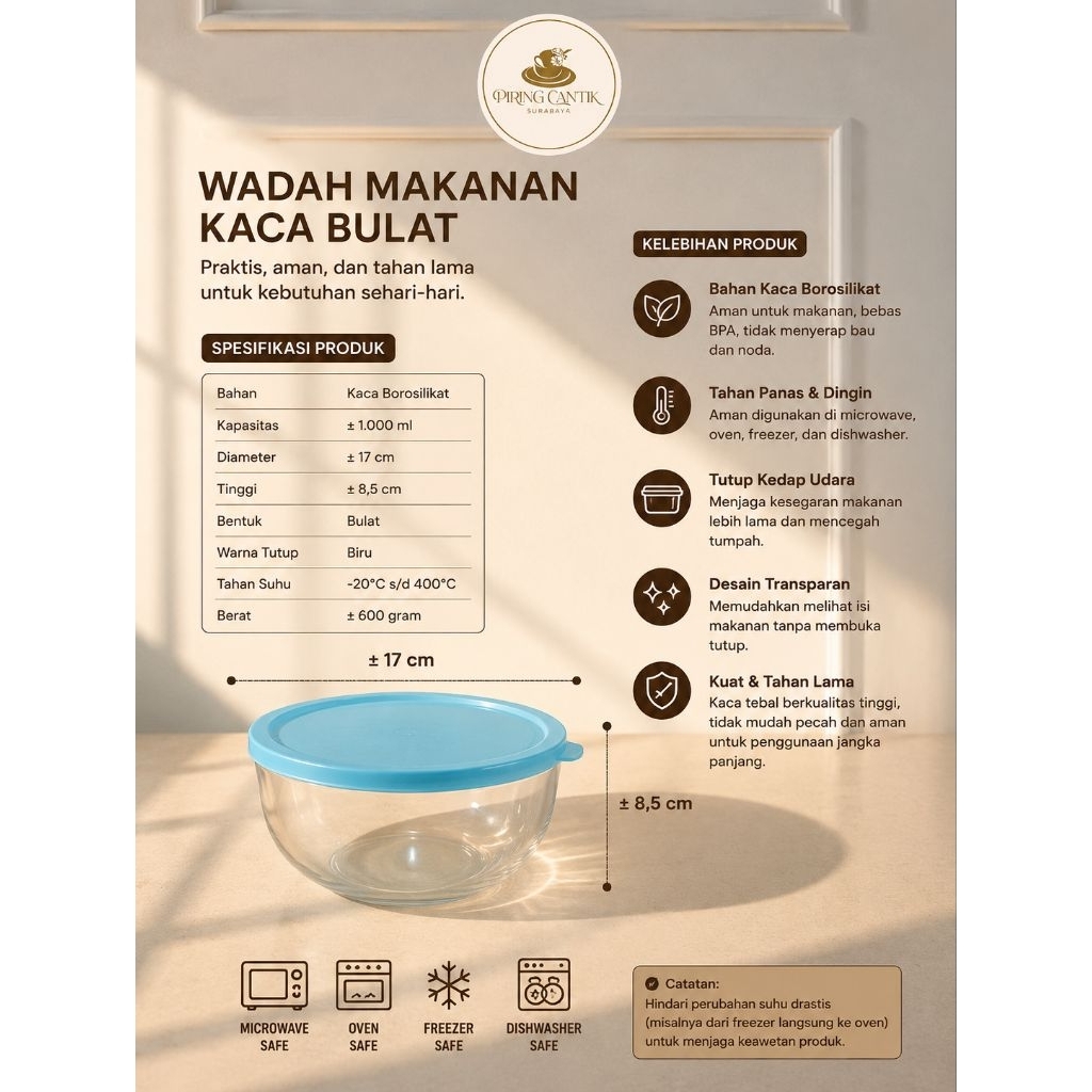 Wadah Makanan Kaca Bulat Sedang dengan Tutup Biru – Wadah Makanan Kecil Serbaguna