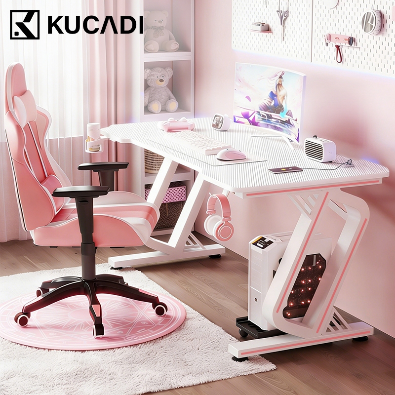 NEW KUCADI Meja Gaming Serat Karbon Meja Kantor Meja Belajar Meja Laptop Warna Pink Putih Lmut